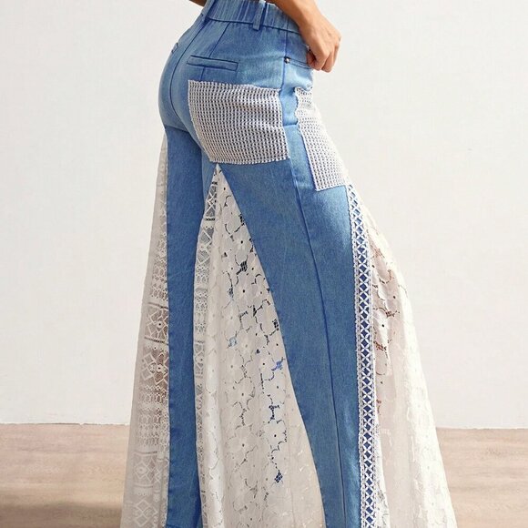 Blue And White Casual Women's Bohemian Style Mixed High Waist Bell Bottom Pants - Picture 6 of 7
